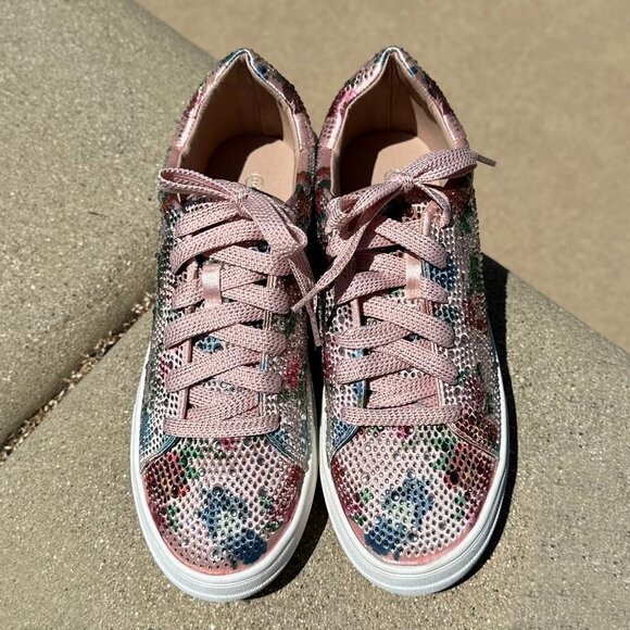 New Pink Floral Print Rhinestone Crystal Pavé Lace-Up Flat Platform Sneaker Shoe - Picture 7 of 8